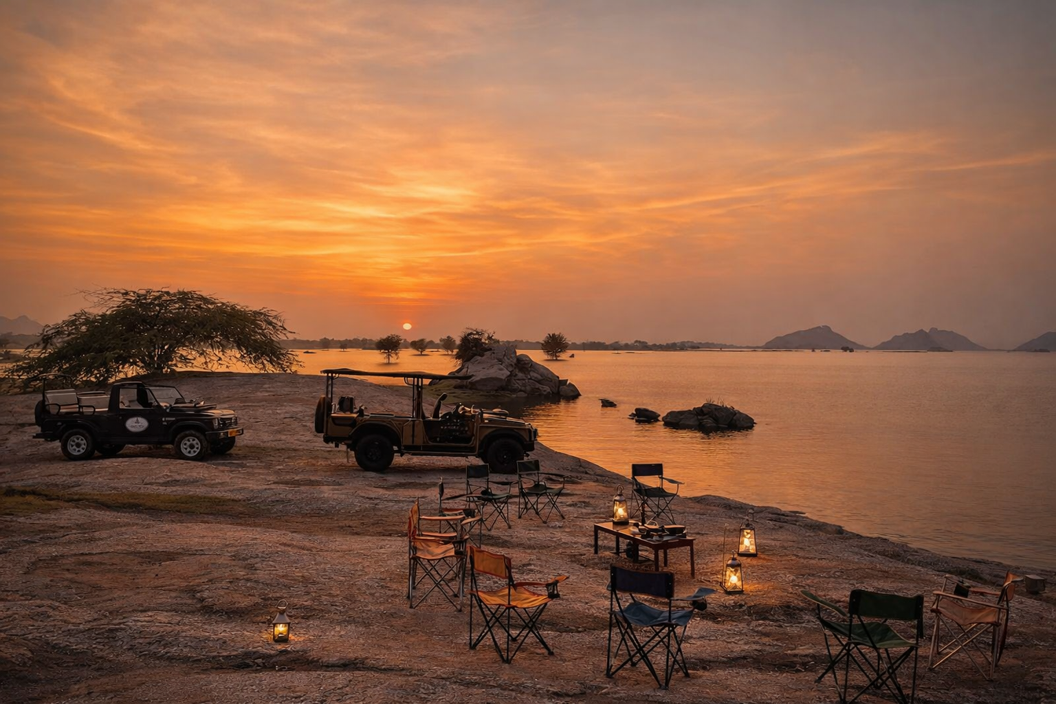 Safari jeeps parked beside Jawai Dam at sunset, a short drive from Udaipur