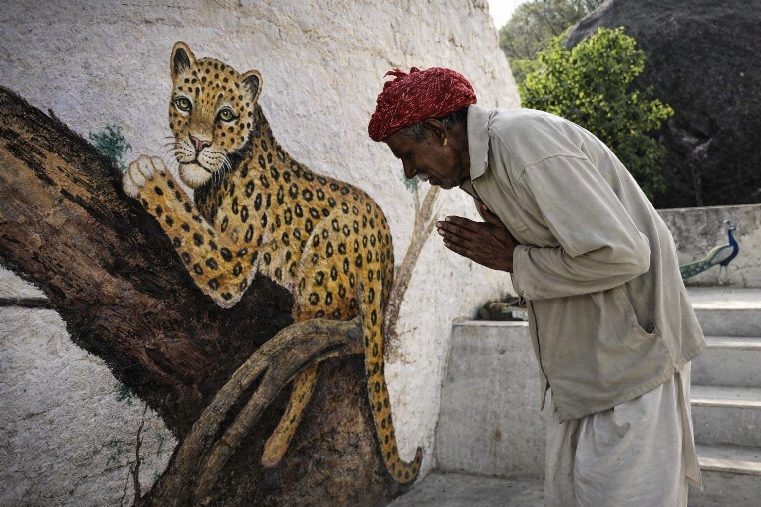 Rabari man praying to leopard mural