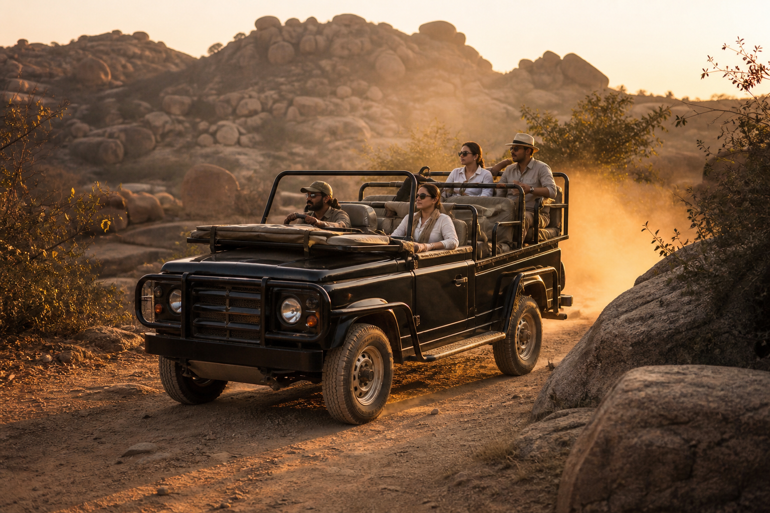 Private safari vehicle in the granite hills of Jawai