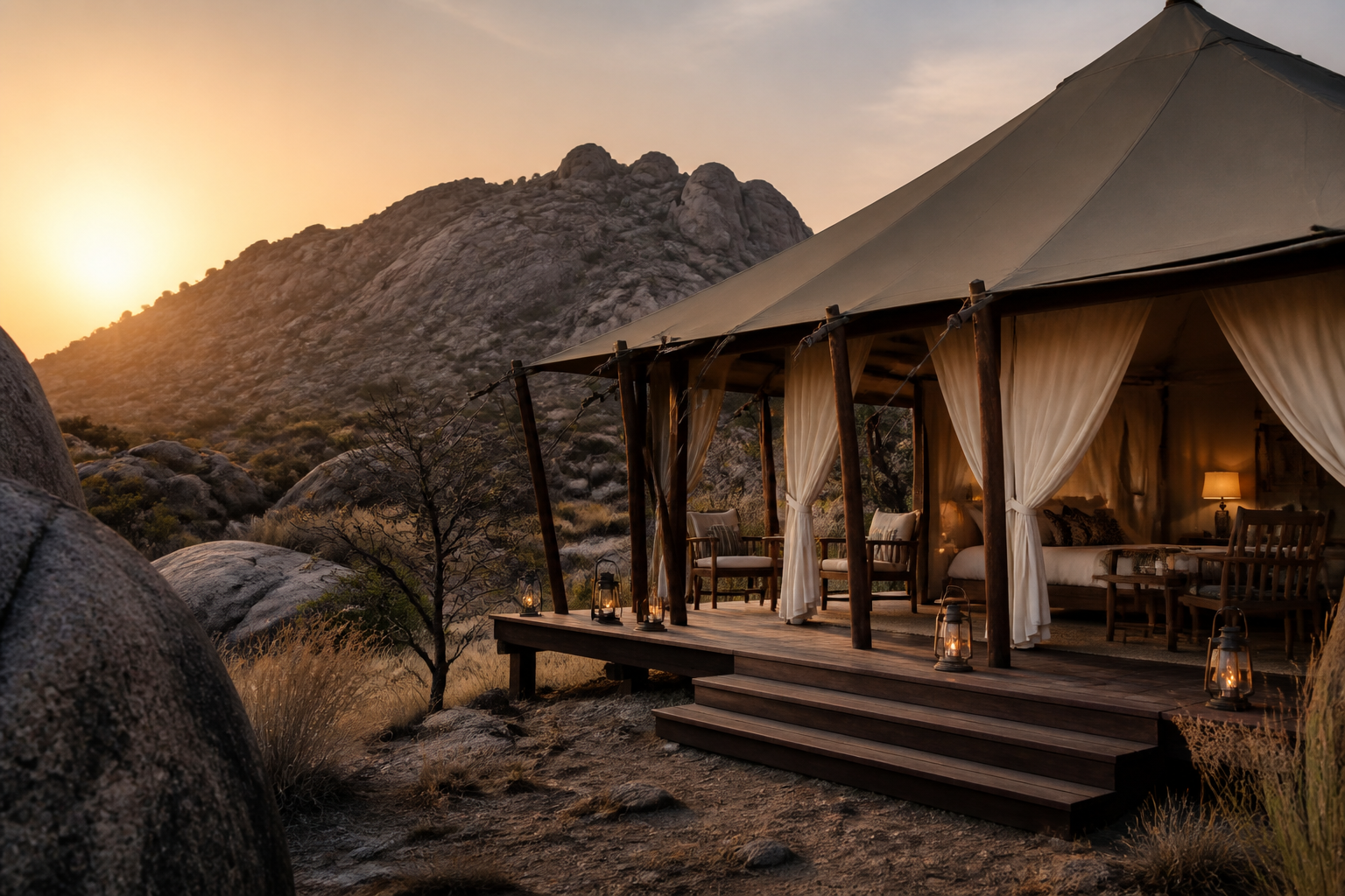 Luxury safari tent suite at golden hour in Jawai wilderness